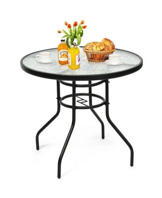 32" Round Patio Table with Umbrella Hole, Tempered Glass Outdoor Table