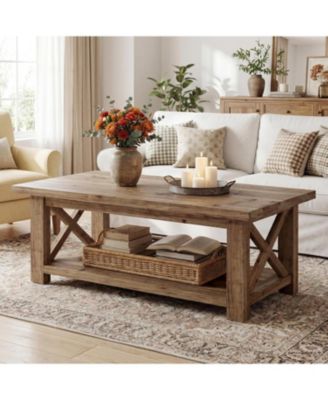 Solid Wood Coffee Table with X-Frame Side, 2-Tier Farmhouse Rectangular Center Table for Living Room, Accent Cocktail Tea Table