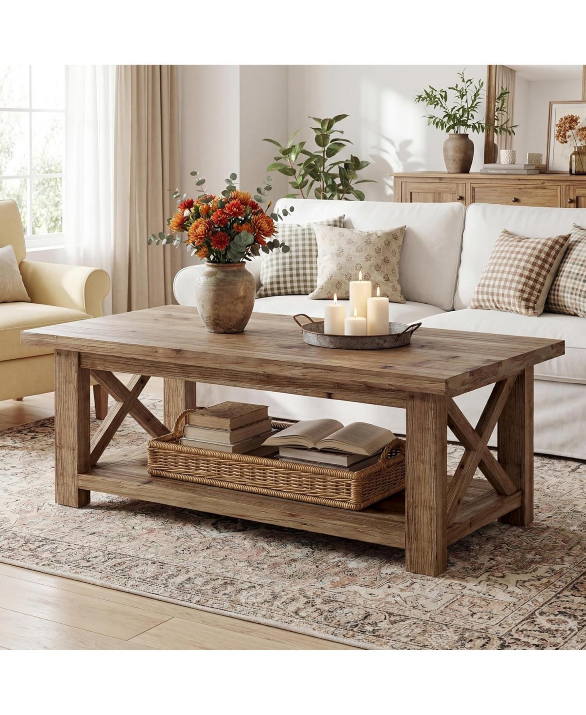 Tribesigns Solid Wood Coffee Table with X-Frame Side, 2-Tier Farmhouse Rectangular Center Table for Living Room, Accent Cocktail Tea Table