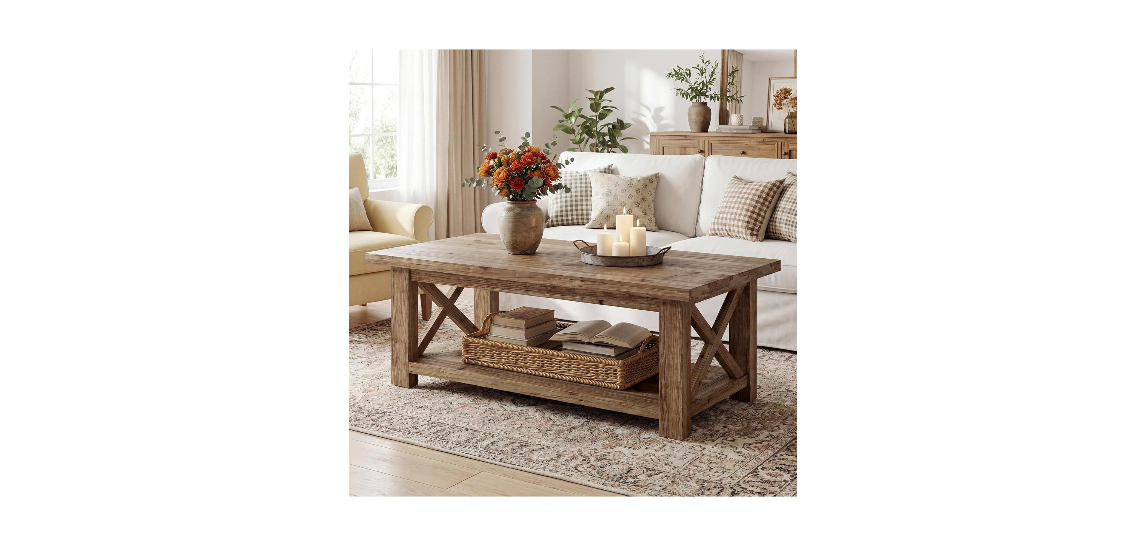 Tribesigns Solid Wood Coffee Table with X-Frame Side, 2-Tier Farmhouse Rectangular Center Table for Living Room, Accent Cocktail Tea Table