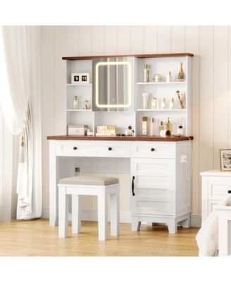 42" Farmhouse Makeup Vanity Set with Lighted Mirror, Charging Station, Glass Top, Storage & Stool