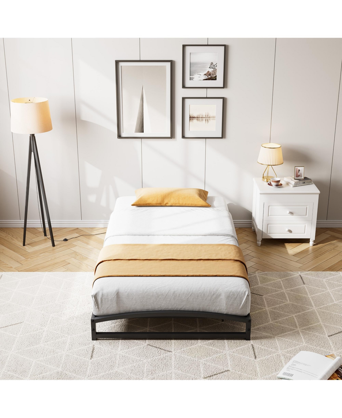 homfan Metal Platform Bed Frame with Arch Headboard and Footboard, Low Profile Steel Slat Support