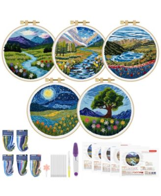 5 Sets Embroidery Kit Beginner Butterfly Landscape Cloth Hoops Threads