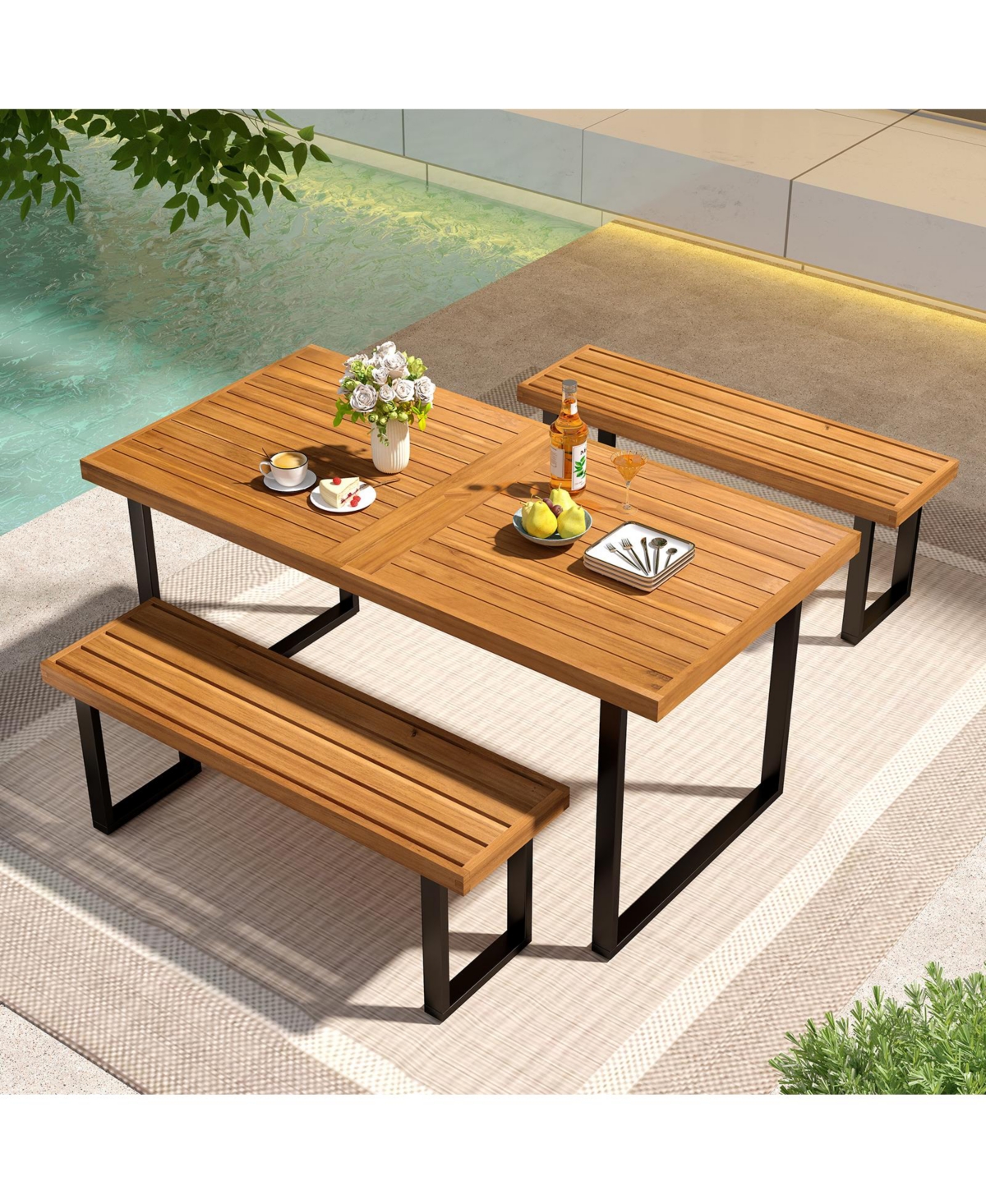 Slickblue Outdoor Dining Table Set 3 Piece with Backless Benches