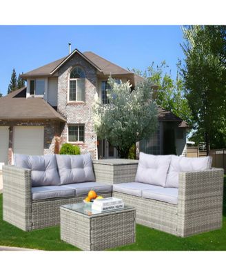 4-Piece Outdoor PE Rattan Patio Furniture Set - 2 Loveseats, Storage Table, Tempered Glass Coffee Table