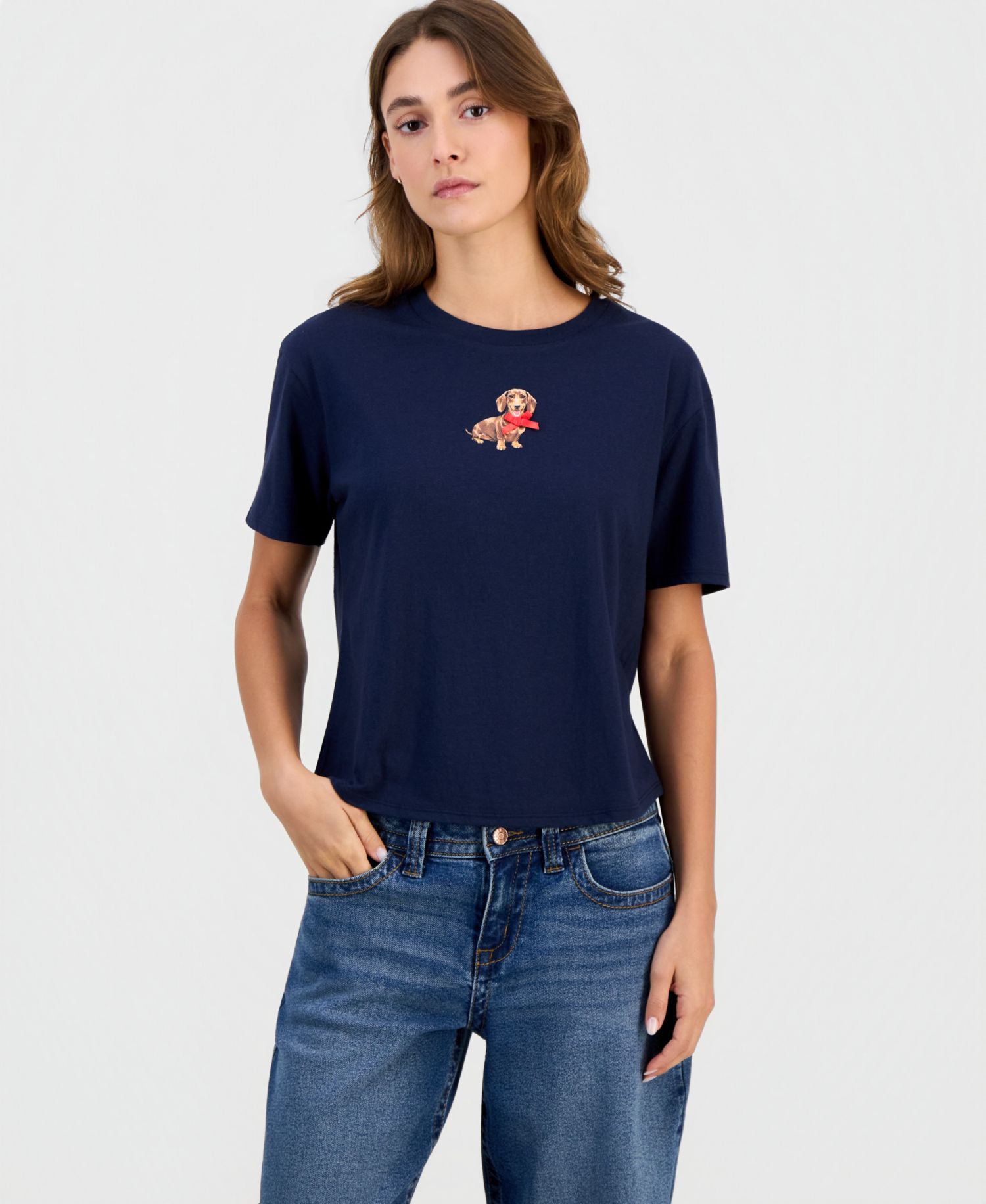 Juniors' Dachshund Bow Graphic Crop Tee