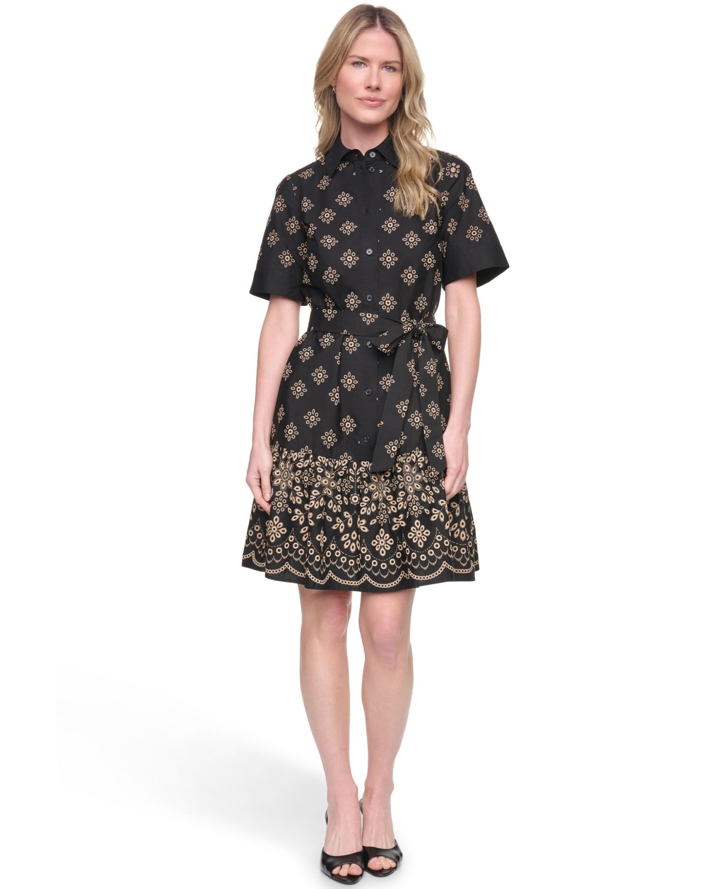 Женское платье Jessica Howard Petite Short-Sleeve Fit and Flare Shirt-Dress, цвет: Чёрный / Рыжевато-коричневый — фото 1