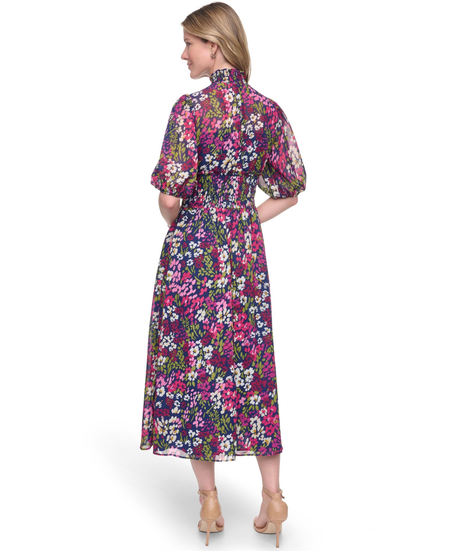Petite Mock Neck Elbow-Sleeve Smocked Waist Midi Dress