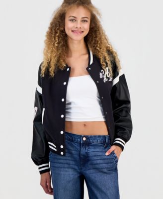 Juniors' Faux-Leather-Sleeve Bomber Jacket