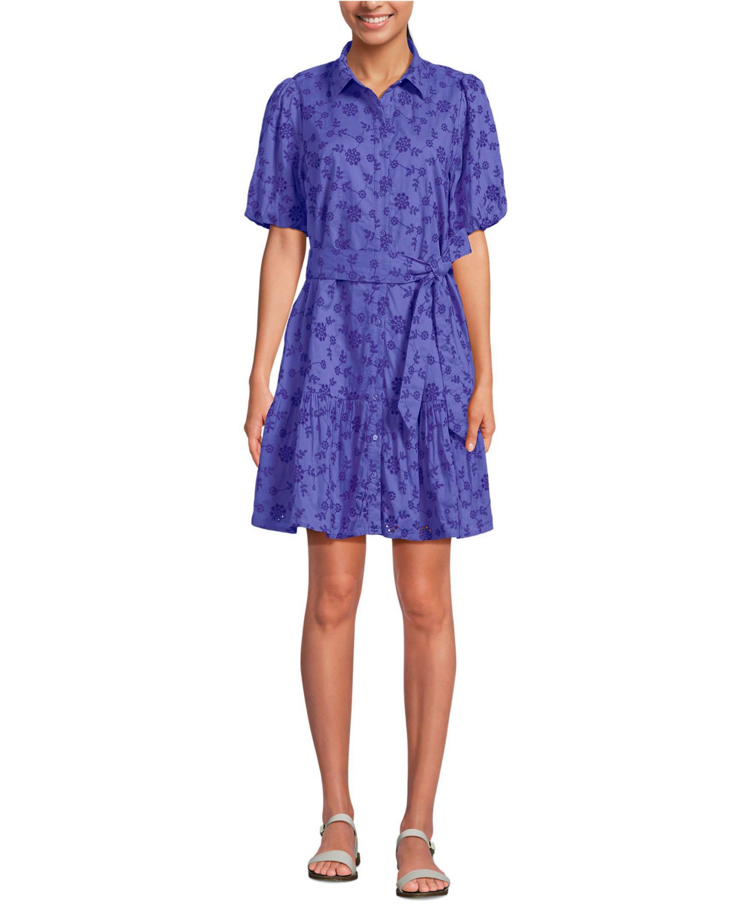 Women's Elbow Sleeve Eyelet Knee Length Shirt Dress