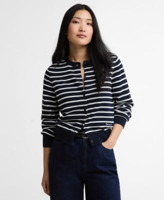 Women's Striped Crewneck Button-Up Cardigan Sweater
