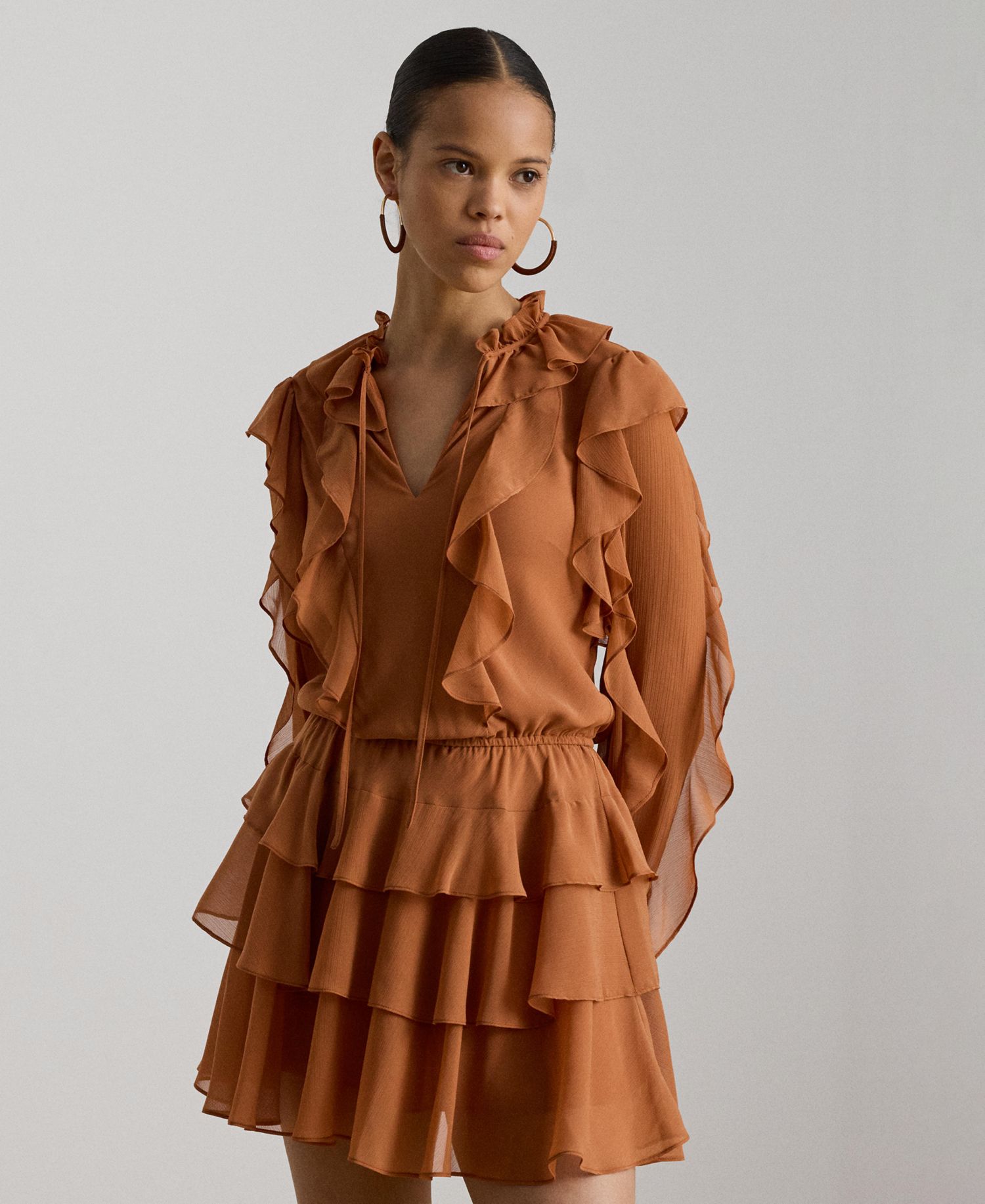Women's Ruffle-Trim Tiered A-Line Dress