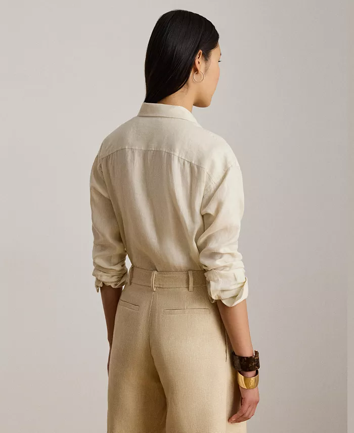 Women's Buttoned Placket Long-Sleeve Linen Shirt - thumbnail 6