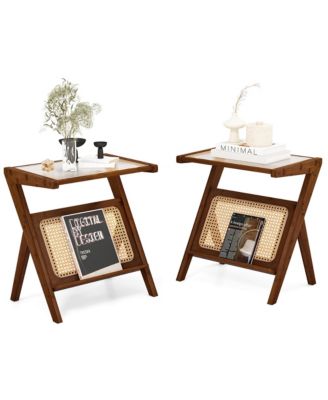 2 Pieces Boho End Table with Magazine Rack Versatile Bamboo Bedside Table with Rattan Shelf