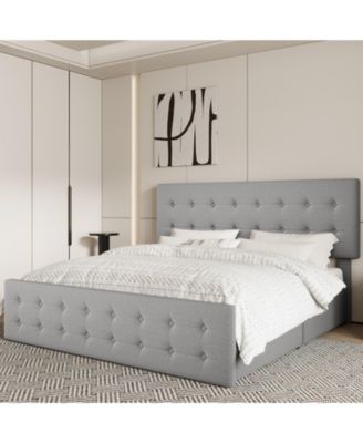 Upholstered Platform Bed Frame with 4 Storage Drawers, Button Tufted Headboard, Wooden Slats, No Box Spring
