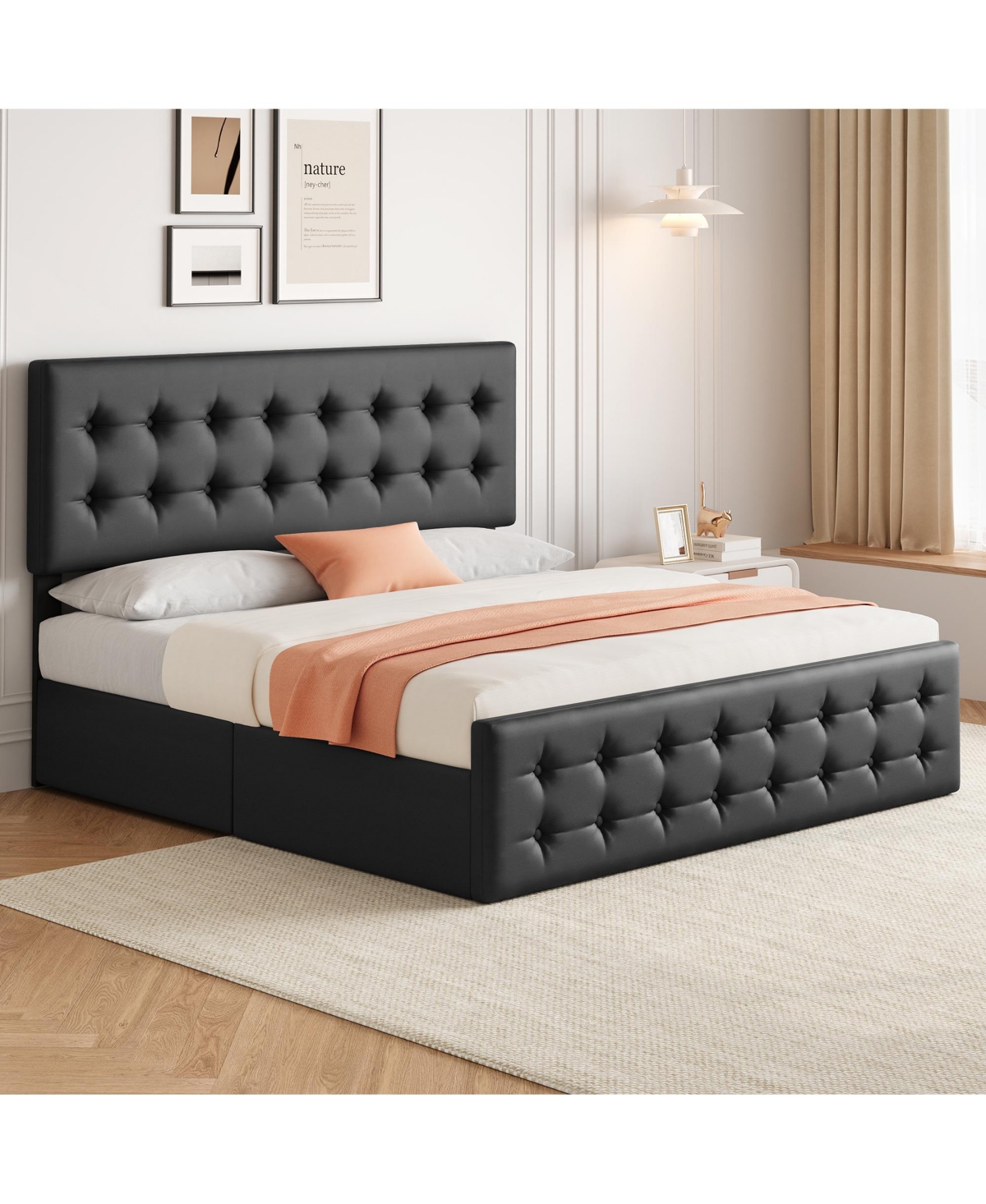 Homfan Upholstered Platform Bed Frame with 4 Storage Drawers, Button Tufted Headboard, Wooden Slats