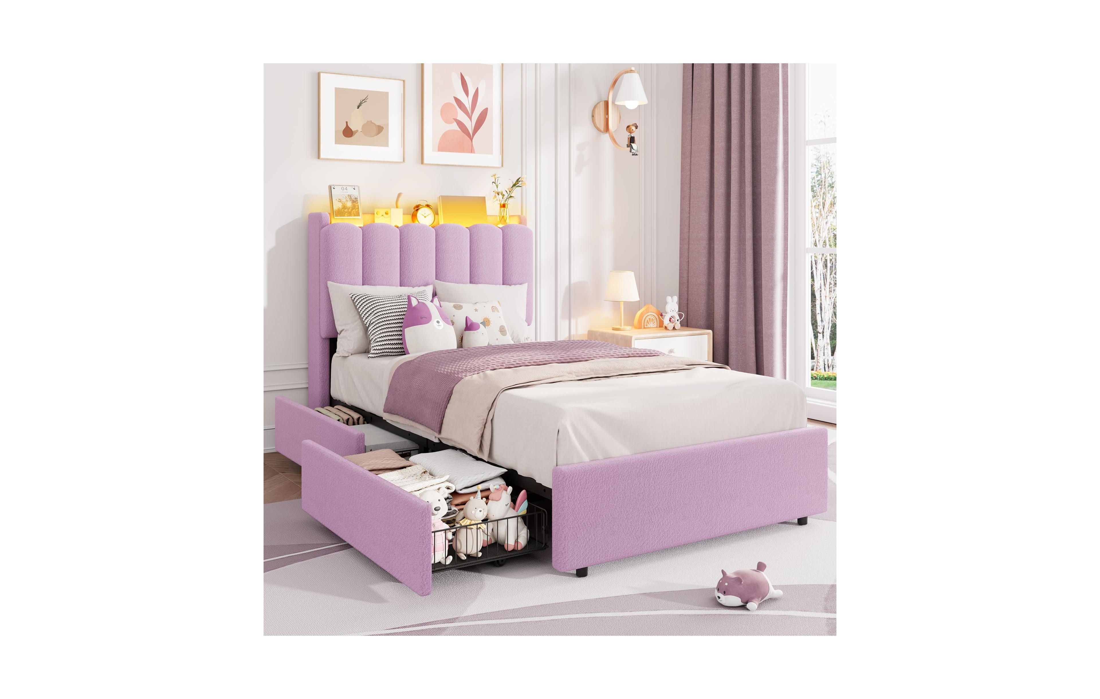 homfan Upholstered Platform Bed Frame with Led Storage Headboard and 2 Drawers