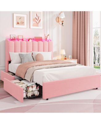 Upholstered Platform Bed Frame with LED Storage Headboard and 2 Drawers, Wavy Boucle Bed