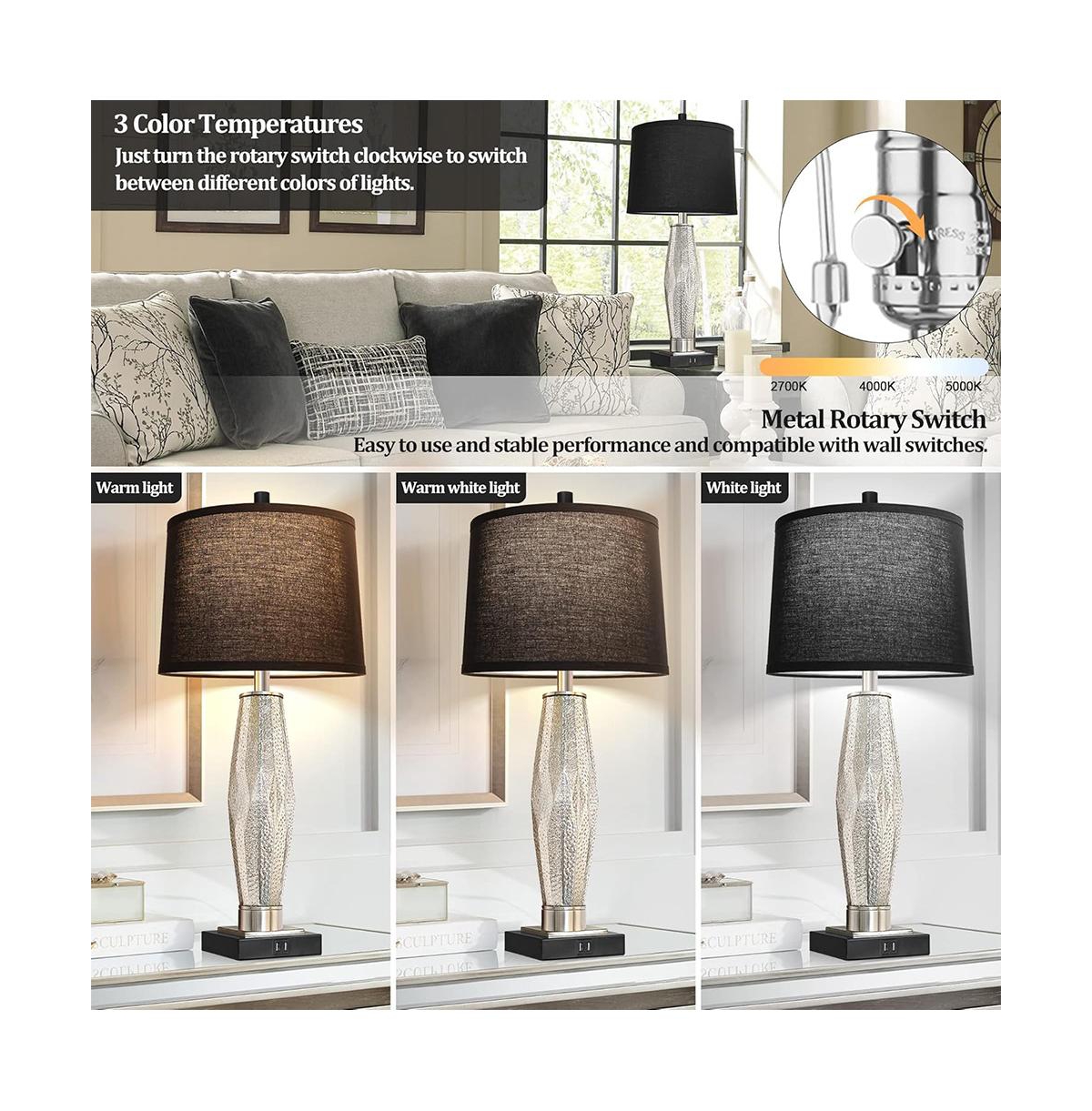 Sofucor 28-inch Table Lamps Set of 2, Bedroom Lamp with Usb A+C Charging Ports, Modern Glass Beside Lamps
