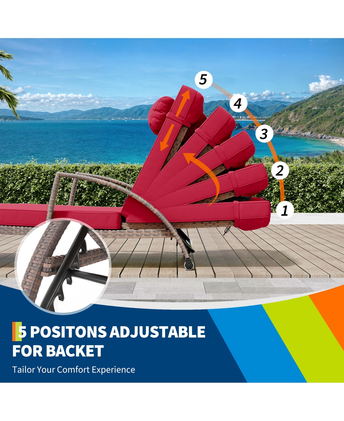 Homfan Adjustable Wicker Outdoor Chaise Lounge Chair with Wheels and Thick Washable Cushion, 5-Position Rattan Patio Recliner for Pool and Garden