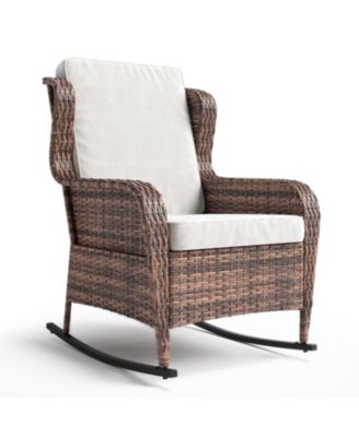 Outdoor Wicker Rocking Chair with Cushions, All-Weather Patio Rocker for Porch, Deck, Balcony, or Garden