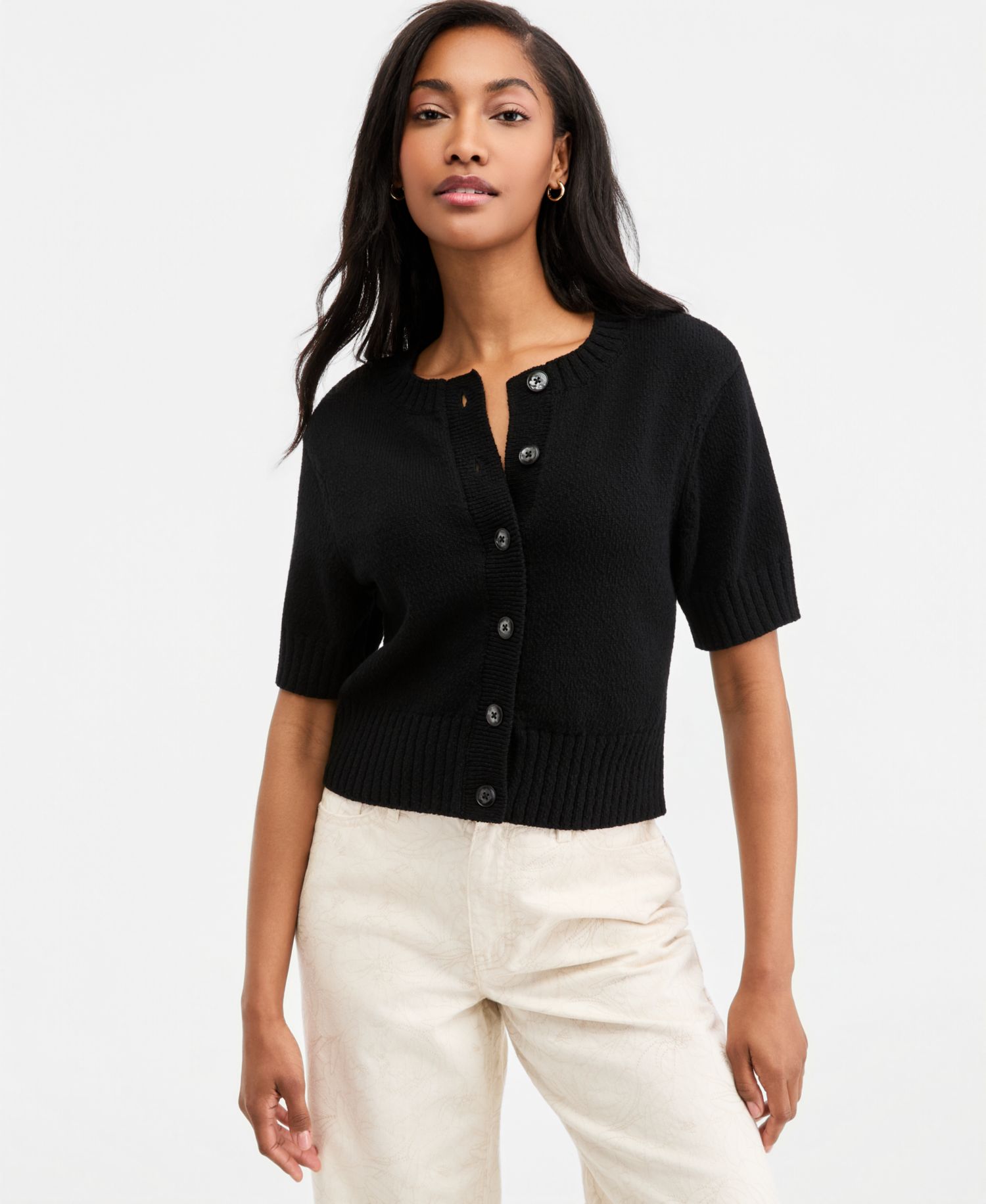 Women's Crewneck Short-Sleeve Textured Button-Front Cardigan