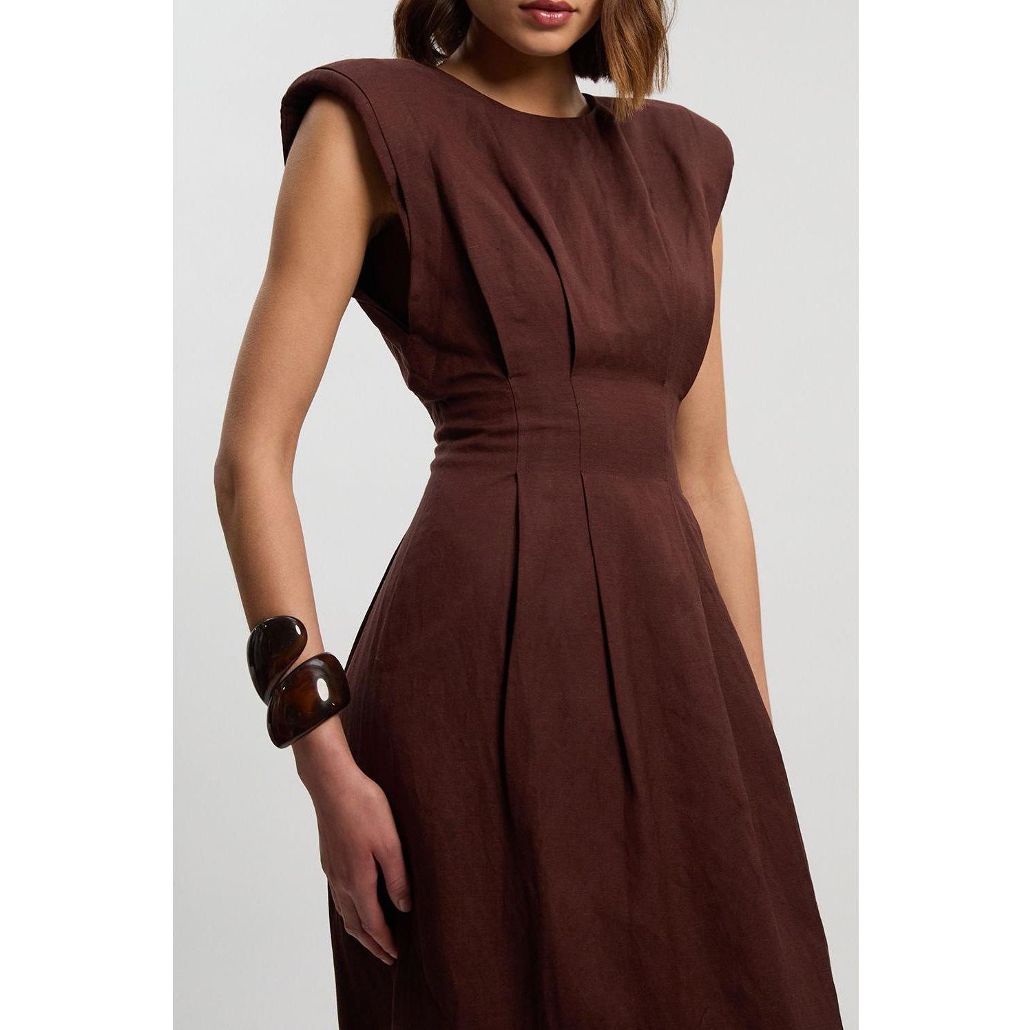 Women's Linen Blend Pintuck Midi Dress