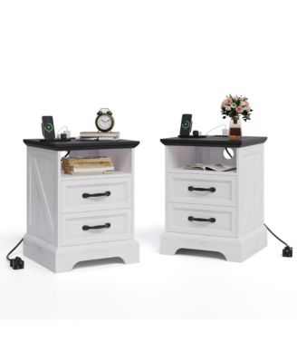 Rustic Farmhouse Bedside Table with Charging Station, 2 Drawers, USB and AC Power Outlets, Durable MDF Material, Metal Handles