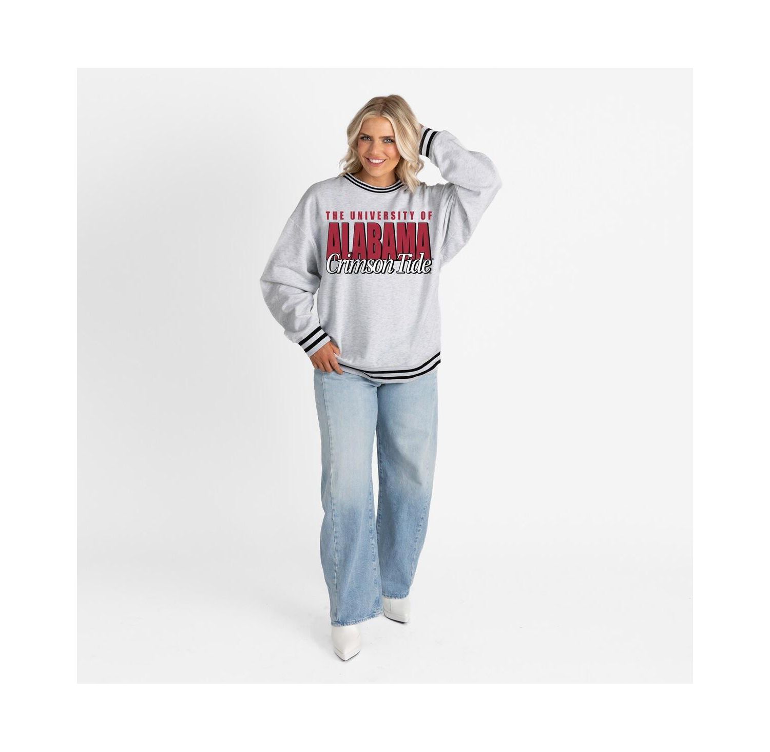 Women's Gray Alabama Crimson Tide Oversized Showdown Ringer Stripe Sweatshirt