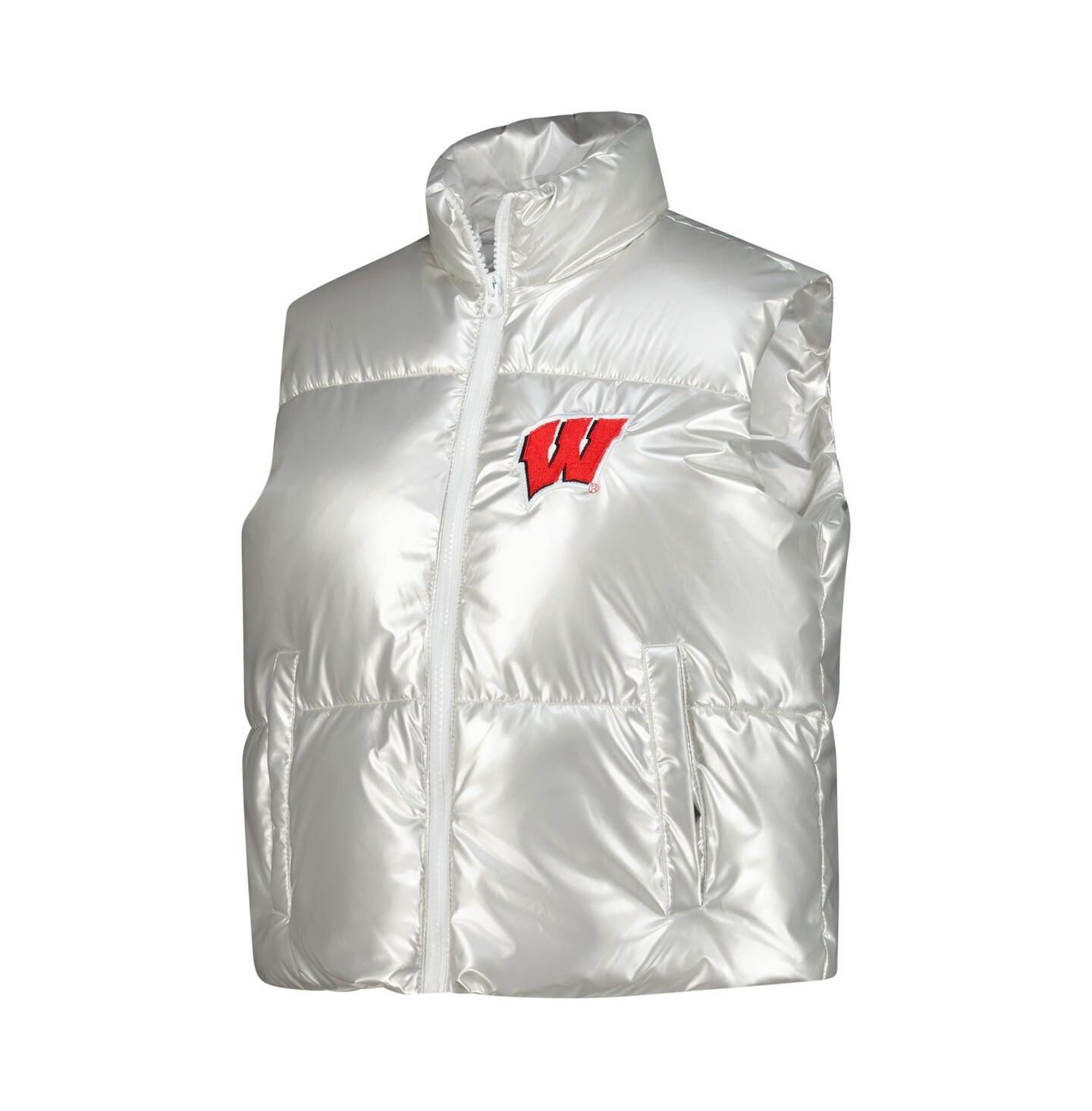 Женский жилет ZooZatz Silver Wisconsin Badgers Metallic Cropped Full-Zip Sleeveless Puffer Vest — фото 2