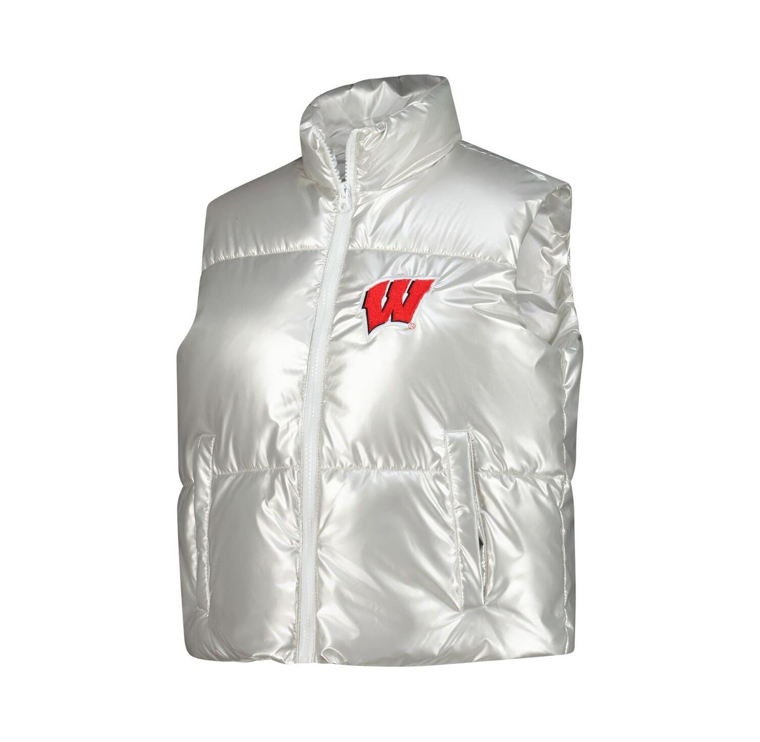 Women's Silver Wisconsin Badgers Metallic Cropped Full-Zip Sleeveless Puffer Vest
