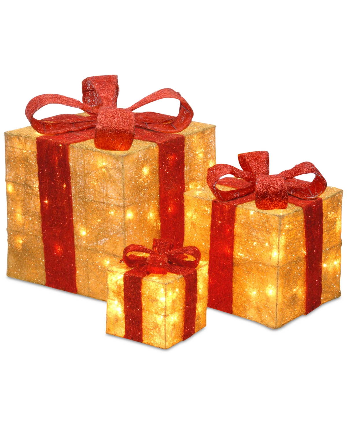 6", 10" & 14" Assorted Gold Sisal Gift Boxes wwith Clear Lights