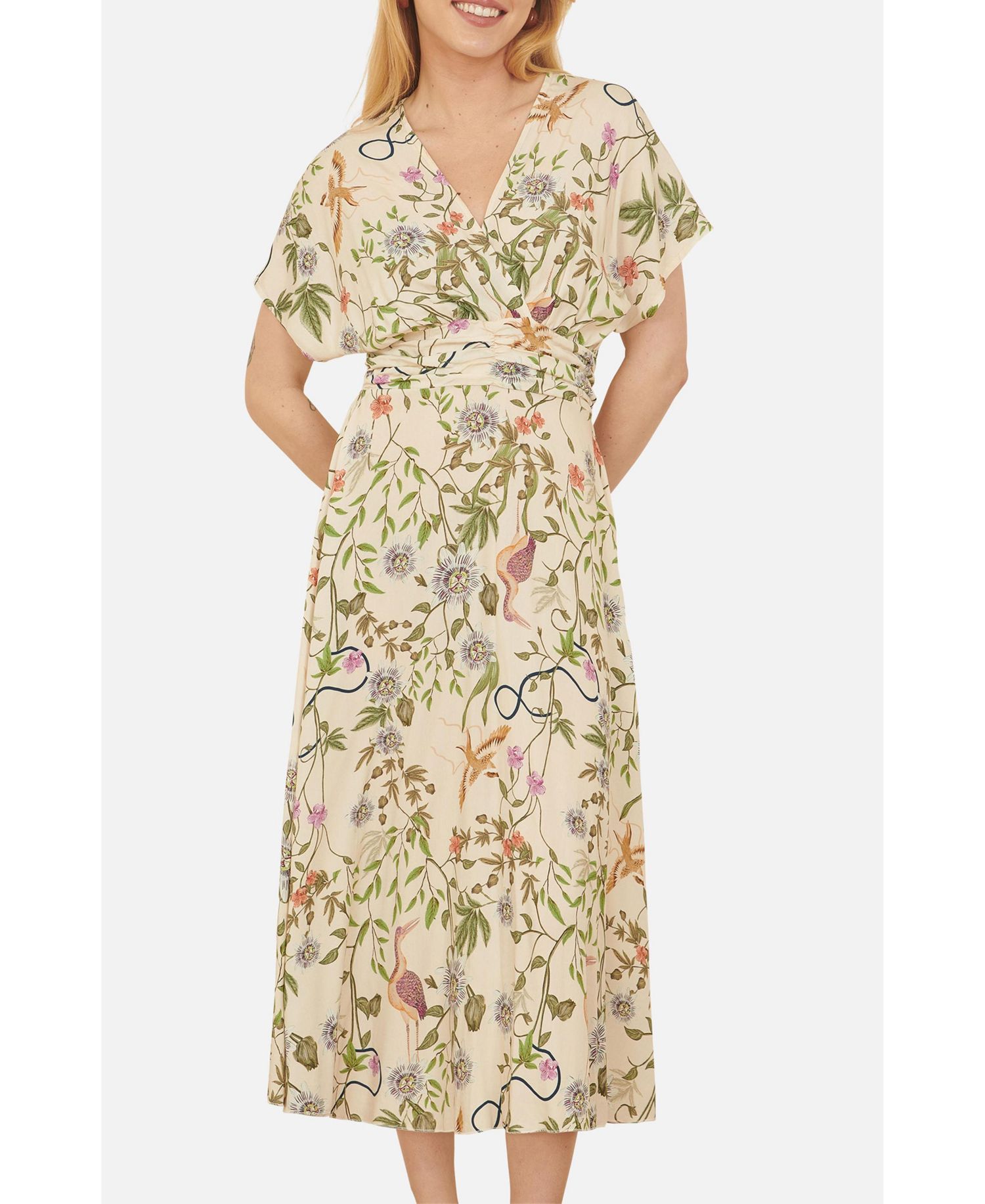 Women's Short Sleeve V-Neck Ruched Midi Dress