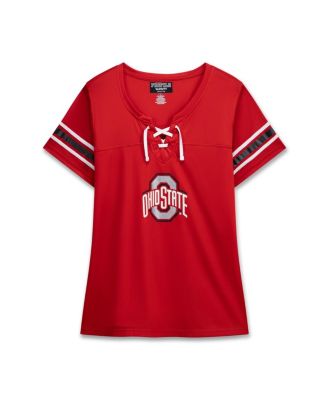 Women's Scarlet Ohio State Buckeyes Plus Size Mesh Overlay Lace-Up Jersey T-Shirt