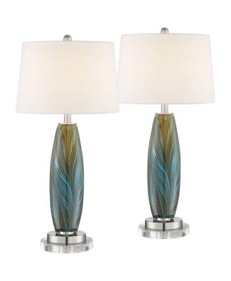 Modern Table Lamps Set of 2 with Round Riser 30 1 /2 Tall Art Glass Fabric Drum Shade for Bedroom Living Room Home