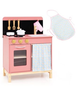 Kids Wooden Kitchen Playset with Door Curtain Pretend Play