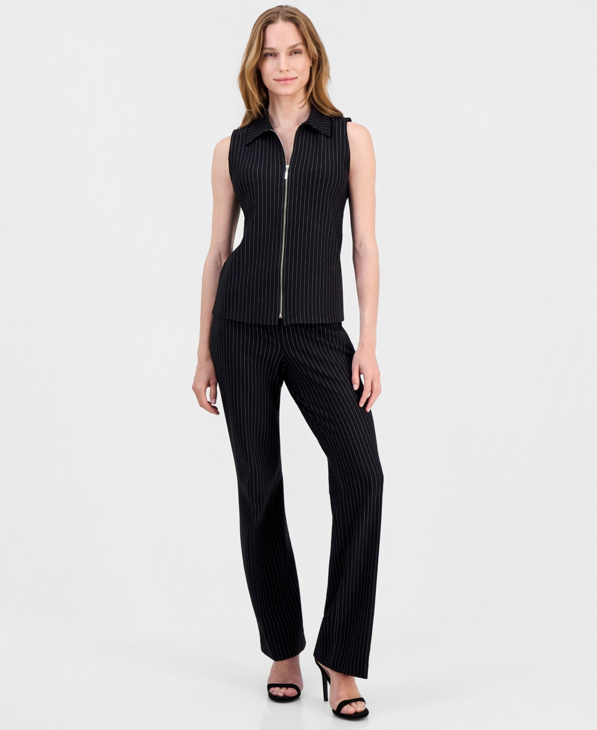 Anne Klein Women's Pinstriped Zip-Front Sleeveless Top