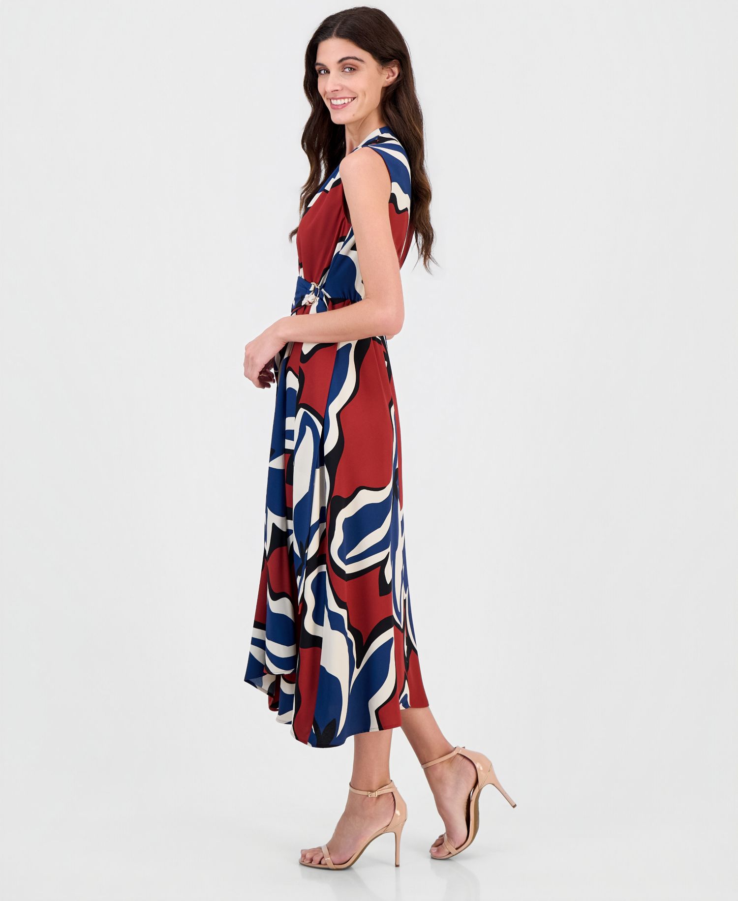 Women's Printed Faux-Wrap Tie-Waist Midi Dress