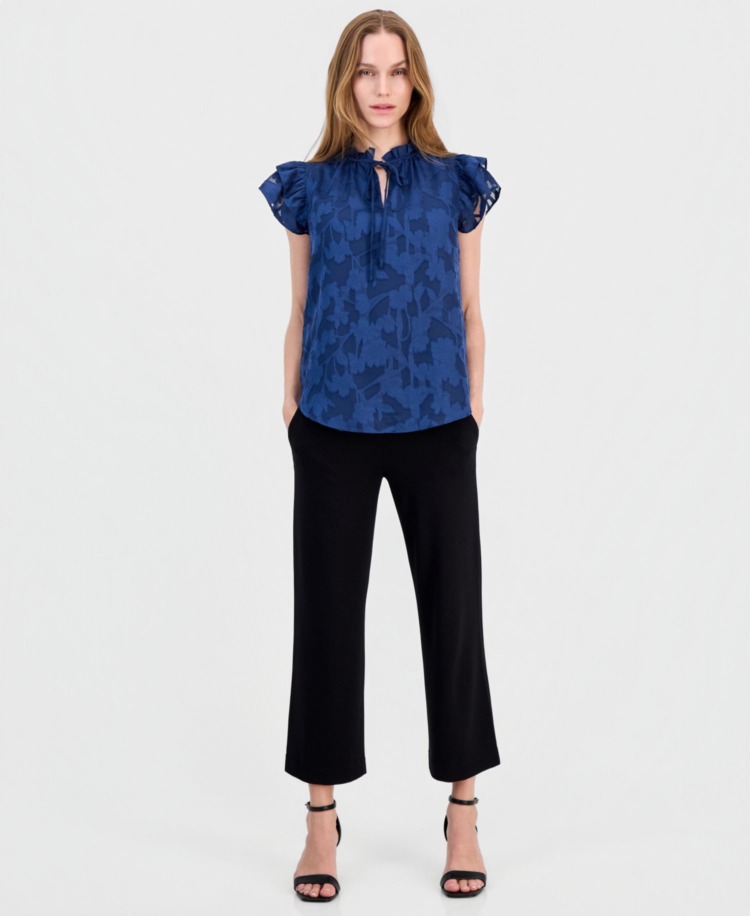 Women's Floral Ruffle-Sleeve Tie-Neck Blouse