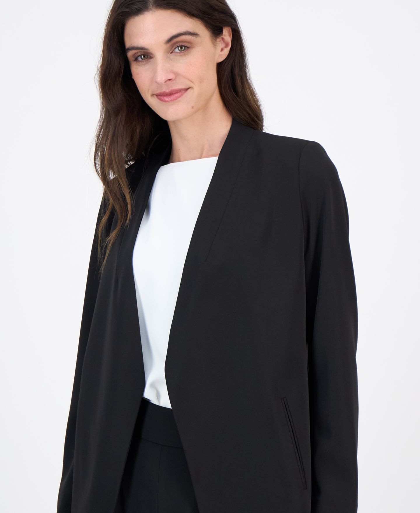 Женский пиджак Anne Klein Stretch Collarless Open-Front Blazer, Regular & Petite, цвет: Чёрный — фото 2