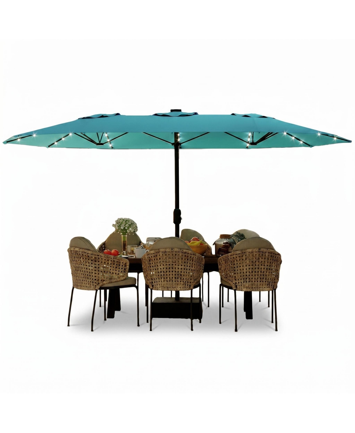 homfan 15FT Double-Sided Patio Umbrella with Solar Led Lights and Base, Uv Waterproof Canopy, 12 Ribs, Double-Layer Fabric, Heavy Frame