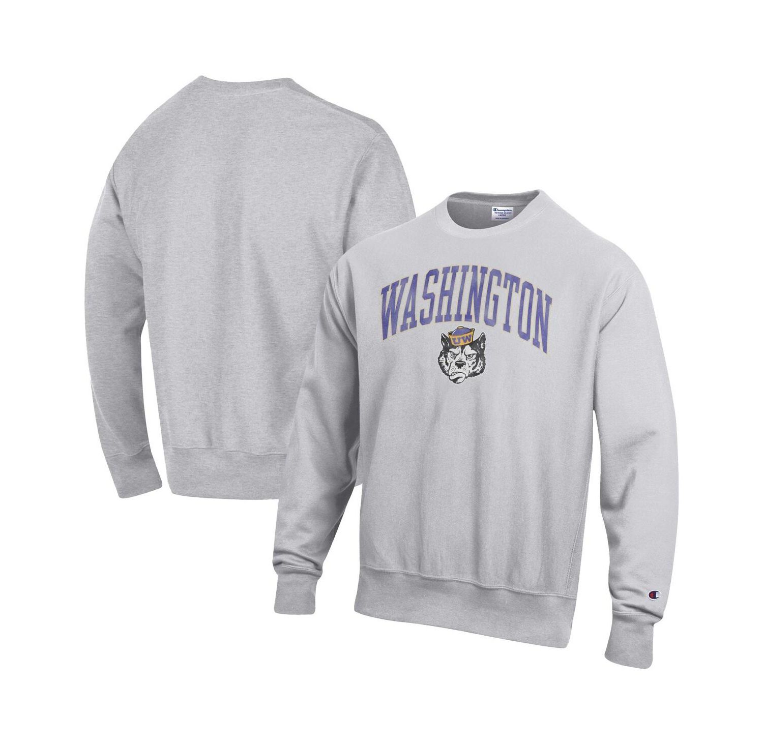 Men's Gray Washington Huskies Distressed Arch Over Logo Reverse Weave Crew Neck Sweatshirt