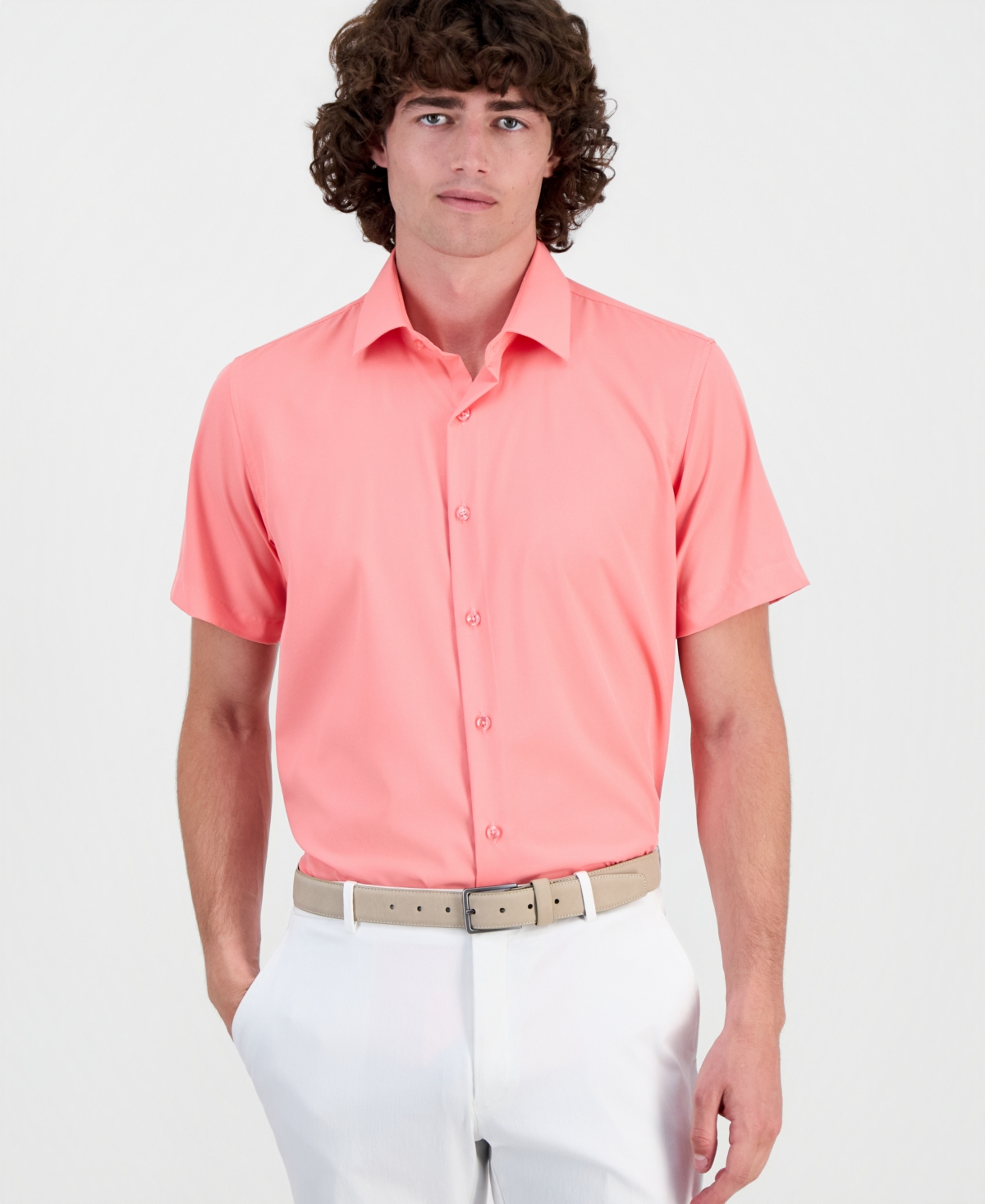 Suslo Couture Men's Slim-Fit Four-Way Stretch Solid Short-Sleeve Dress Shirt - Salmon