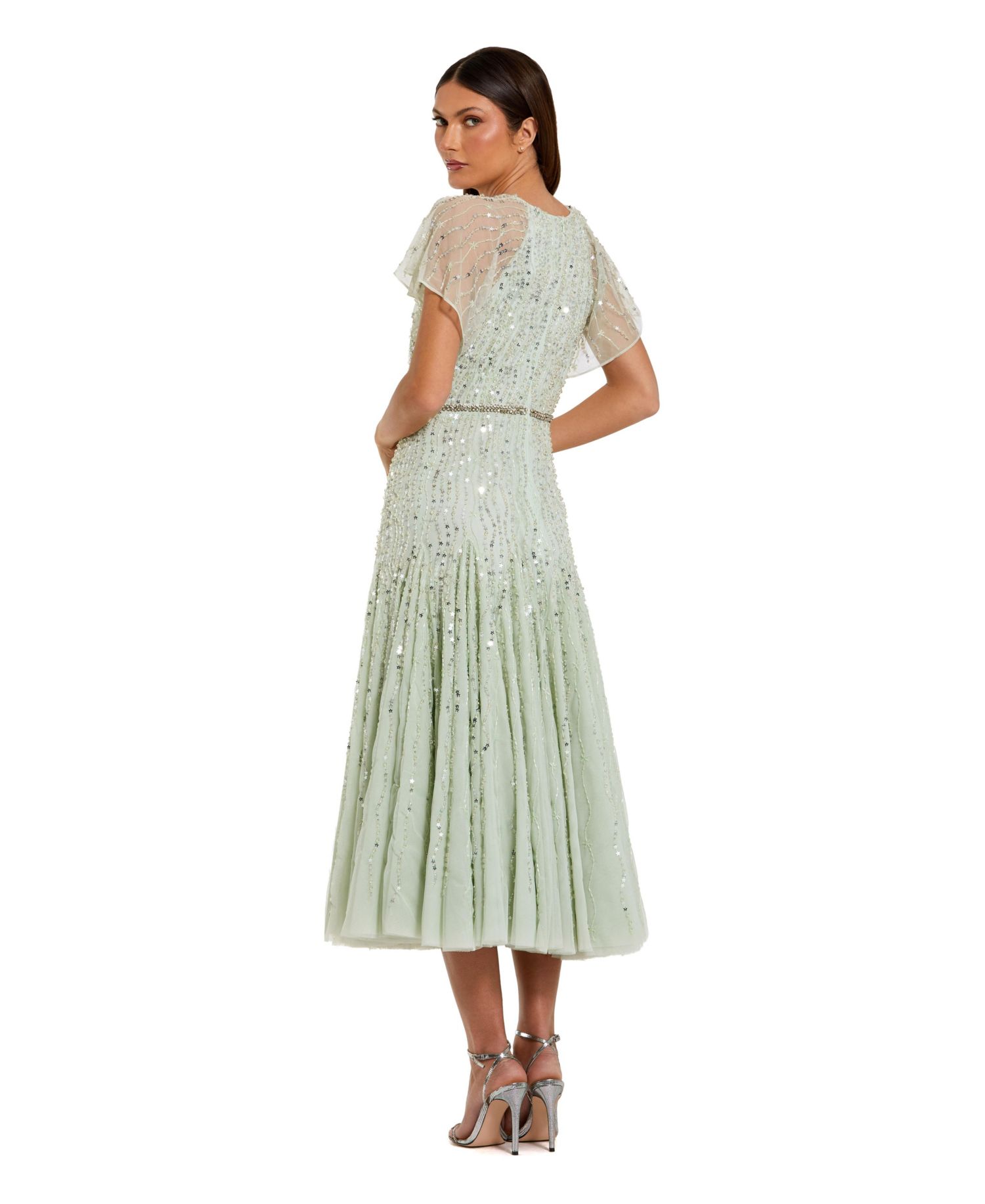 Women's Enbellished Bow Flutter Sleeve A Line Midi Dress