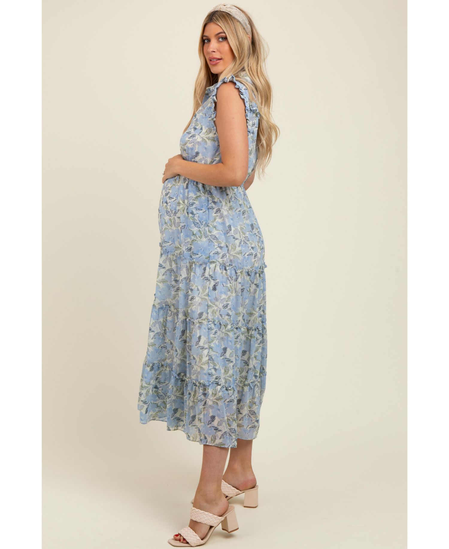 Women's Blue Floral Print Frilled Pocketed Midi Dress