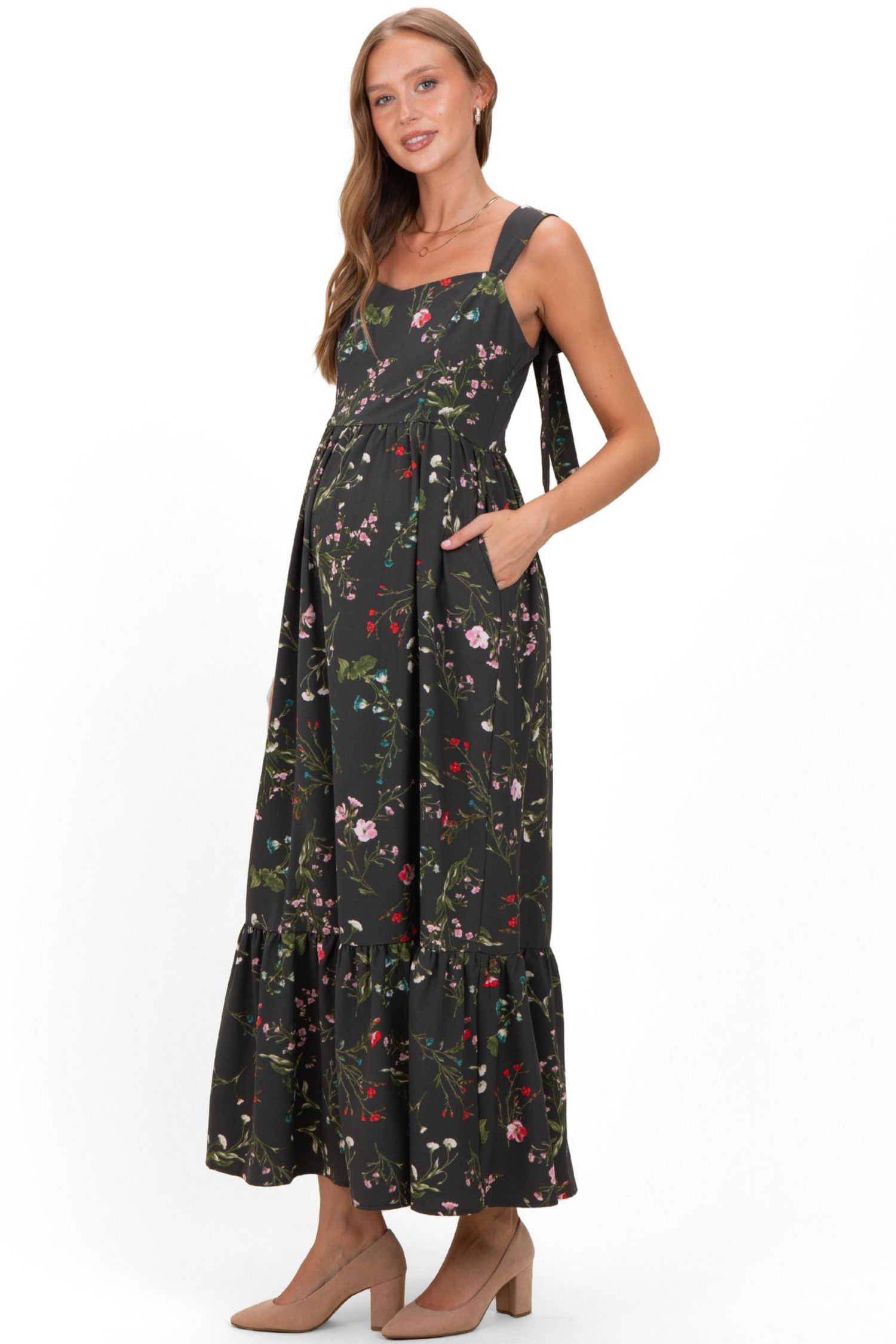 Women's Forest Green Floral Bow Strap Maxi Dress