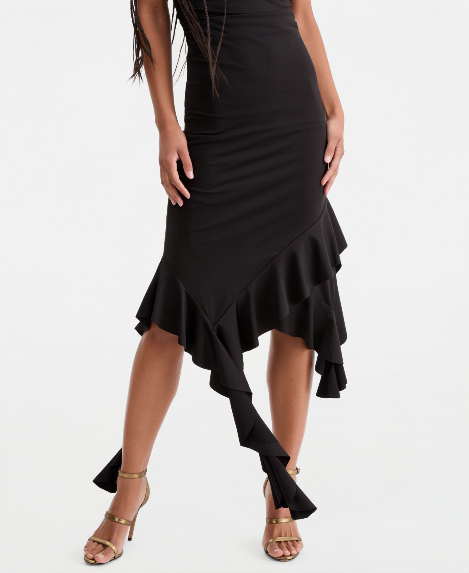 Women's Strapless Ruffled Asymmetric Midi Dress