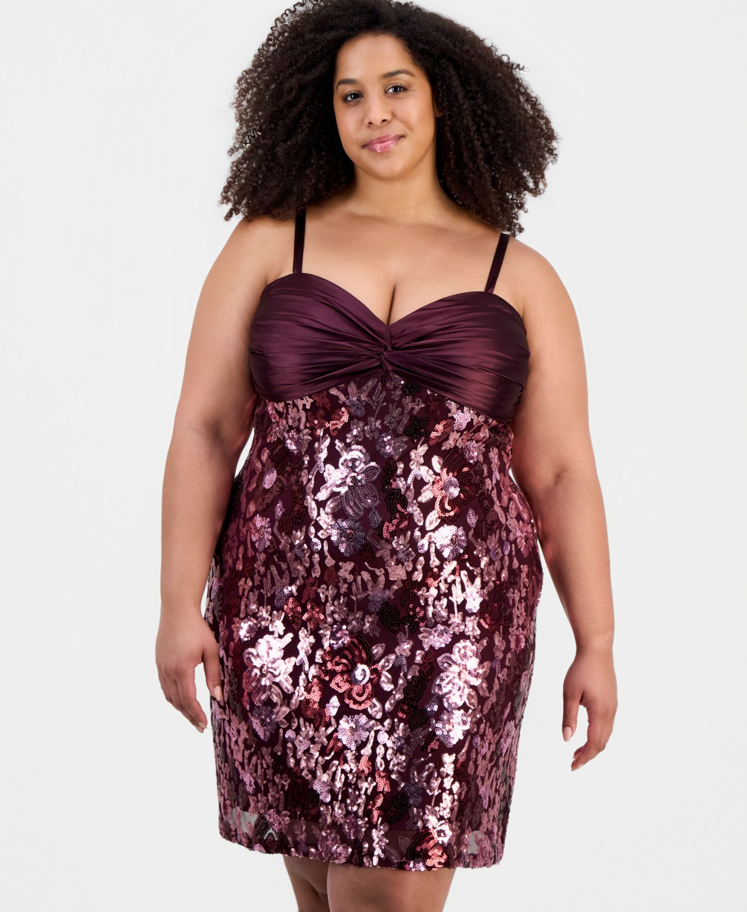 Trendy Plus Size Twist-Front Satin Bandeau Sequin Skirt Dress