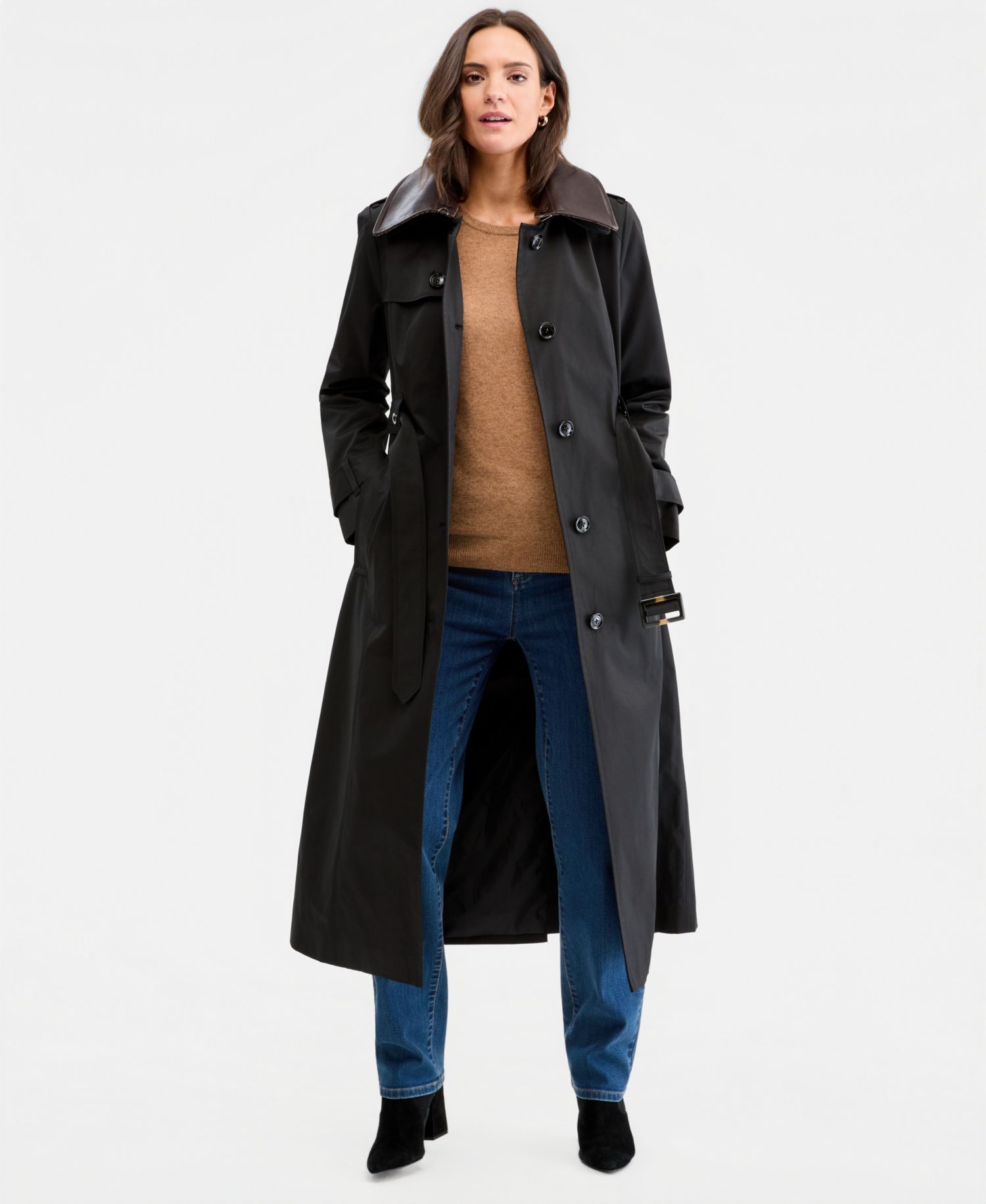 Women's Faux-Leather-Collar Maxi Trench Coat