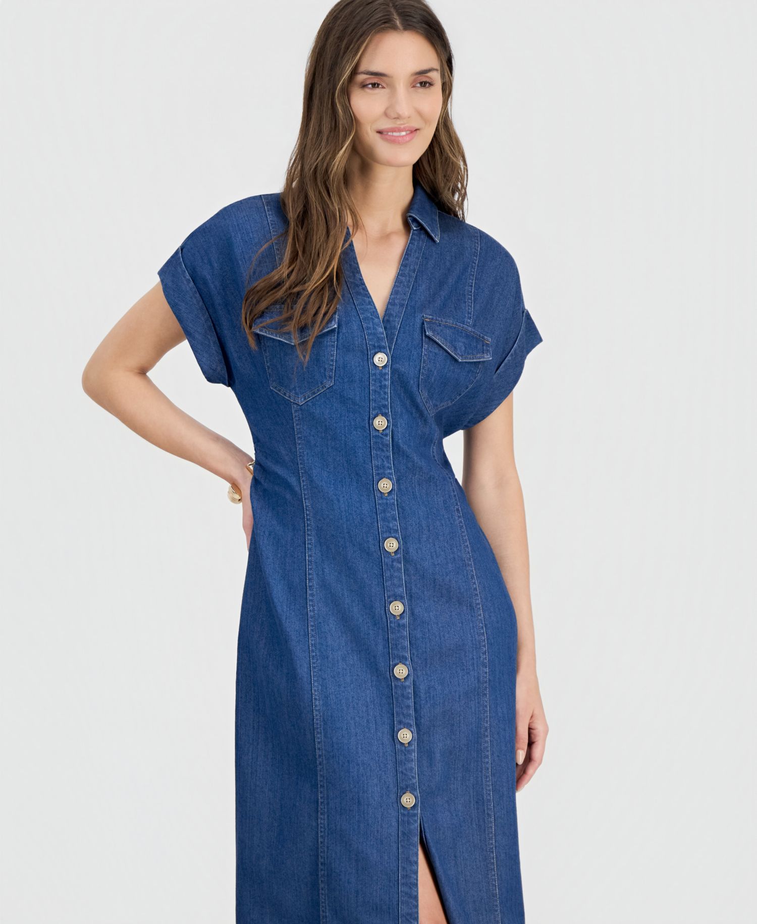 Women's Cinched-Waist Denim Shirtdress
